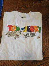 Tom  Jerry Cartoon T-Shirt White W/ Multi-Colored Lettering-Medium-NWOT - B1