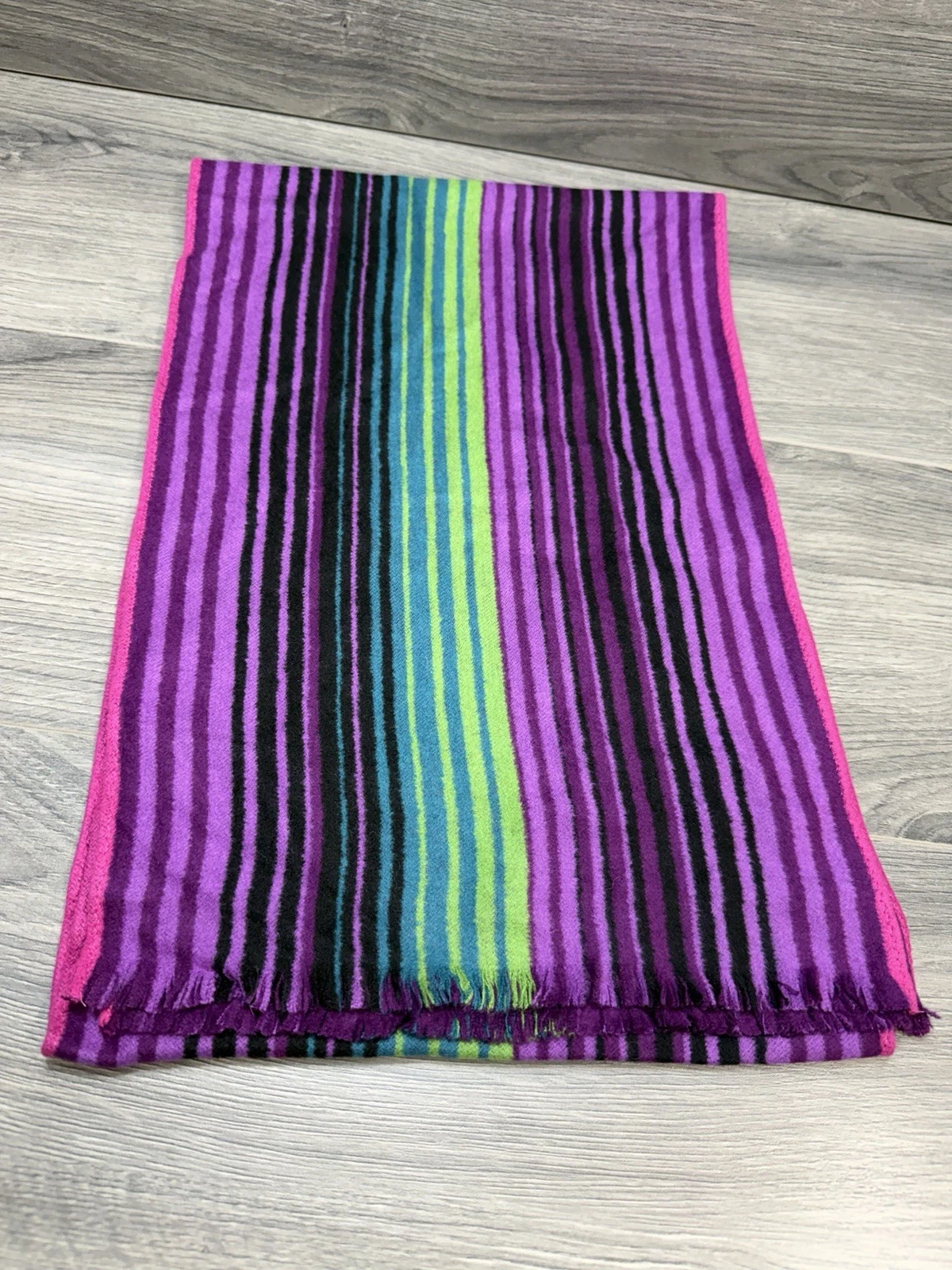 Chelsea by Joseph 100% Silk Striped Scarf Purple Black Green Blue Soft Fringe