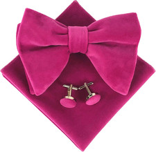 Mens Pre-Tied Oversized Bow Tie Tuxedo Velvet Bowtie Cufflinks Hankie Combo Sets
