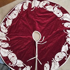 RARE Pottery Barn RED White VELVET CHRISTMAS Tree SKIRT Embroidered