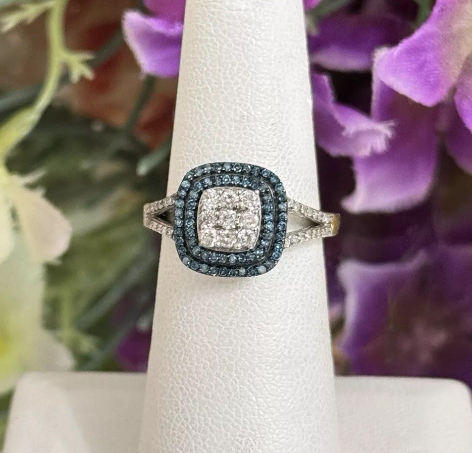 Sterling Silver Ladies QVC JWBR Halo Pave Blue Diamond Ring Band