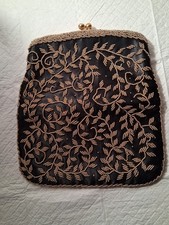 Vintage Satin Evening Bag/Clutch, Victorian style, Black with Gold Beads ,