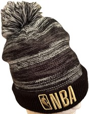 NBA Courtside Beanie Winter Pom Knit Fleece Lined Black Logo Striped Basektball