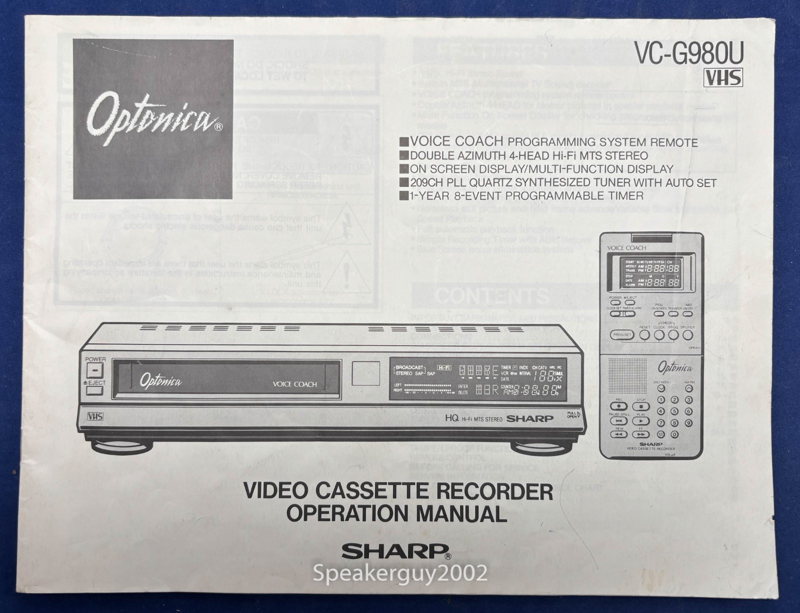Original Sharp / Optonica VC-G980U VCR Operation Manual -- CS1