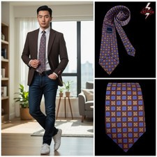 DAVID DONAHUE Brown Purple Geometric Men’s Silk Tie H.and Made in USA 59’’-3.5’’