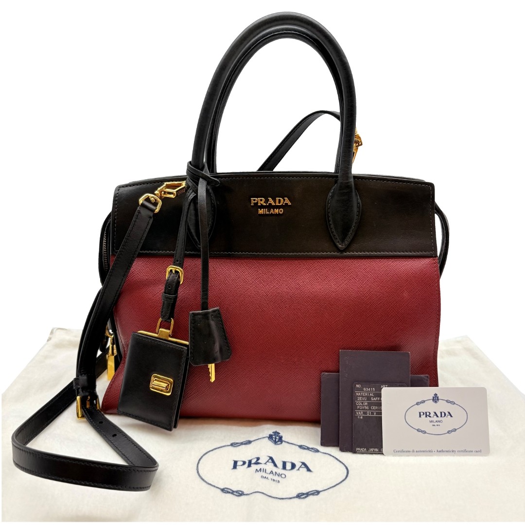 Authentic PRADA Esplanade Saffiano Red Black Hand Bag Leather #36637621