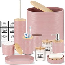 Bathroom Accessory Set-11Pcs Pink Bathroom Accessories Set with Trash Can,Soa...