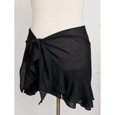 Ralph Lauren LRL Black Mini Ruffled Cotton Wrap Pareo Sarong Cover-up SZ Medium