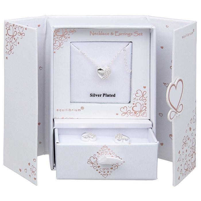 Equilibrium Silver Plated Necklace & Earrings Gift Set - Sparkle Heart