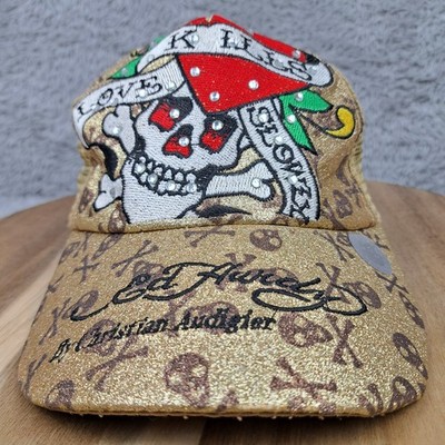 Vintage Ed Hardy Hat Cap Snap Back Gold Mesh Trucker Love Kills Slow Skull Tatto