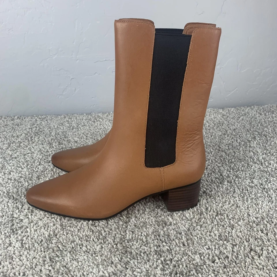 J.Crew Botas Mujer Talla 7.5 Marrón Tostado Chelsea Tacón Bloque Cuero Tobillo Pull On Foto 4 de 4