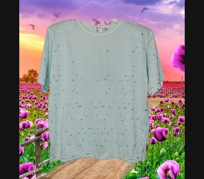 Alison Craig Pale Green Short Sleeve Embroidered Pullover Top Sz XL Shoulder Pad
