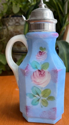 Antique Milk Glass Syrup Pitcher; Hand Painted Roses (166)