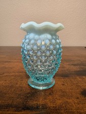 VTG Fenton Blue Opalescent 3 5/8"H Hobnail Ruffled Rim Vase
