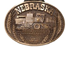 Vintage Nebraska Belt Buckle Solid Brass Harvester Tractor Farmer 1980s USA NOS