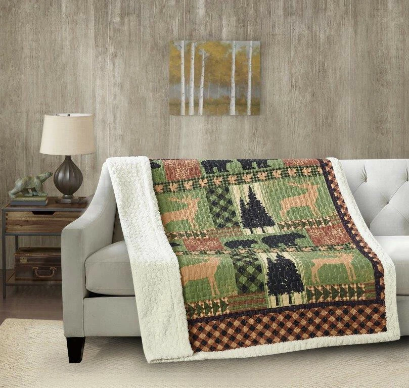 NOVO COBERTOR ACOLCHOADO VERDE FLORESTA COUNTRY SIDE SHERPA MACIO 50x60 polegadas - Imagem 2 de 2