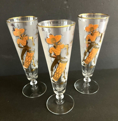 Vintage 1959 set of 3 Libbey Frosted Pilsner Glasses Caribbean Tiki Calypso