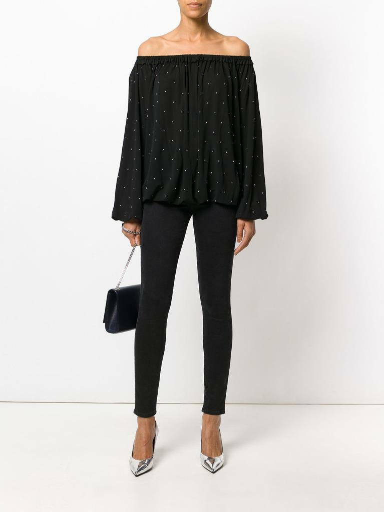 Camicia top Saint Laurent nera borchiata a spalla LS Peasant F 40 US 8 $2.690