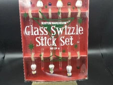 Glass Swizzle Stick Set Snowmen Set of 6 New In Box Nice