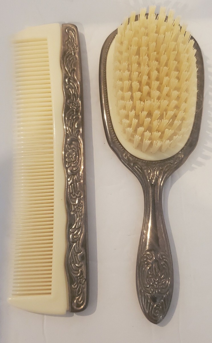 Vintage Ornate Hair Brush & Comb Set Silver Plated Vanity  display picture 1