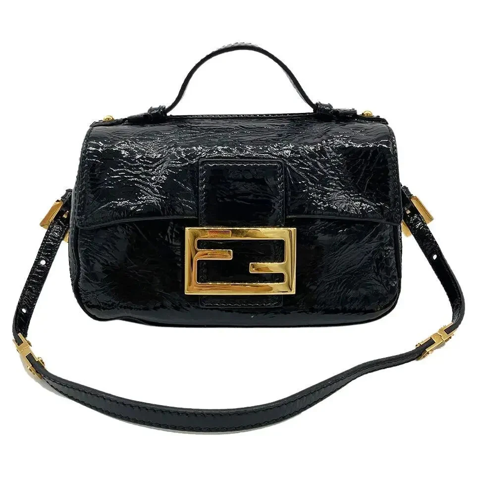 Fendi Black Patent and Silk Zucca Double Mini Baguette