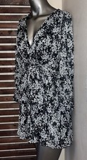 Zara Black White Metallic Floral Tie Waist Sheer 3/4 Sleeve V-Neck Short Dress S