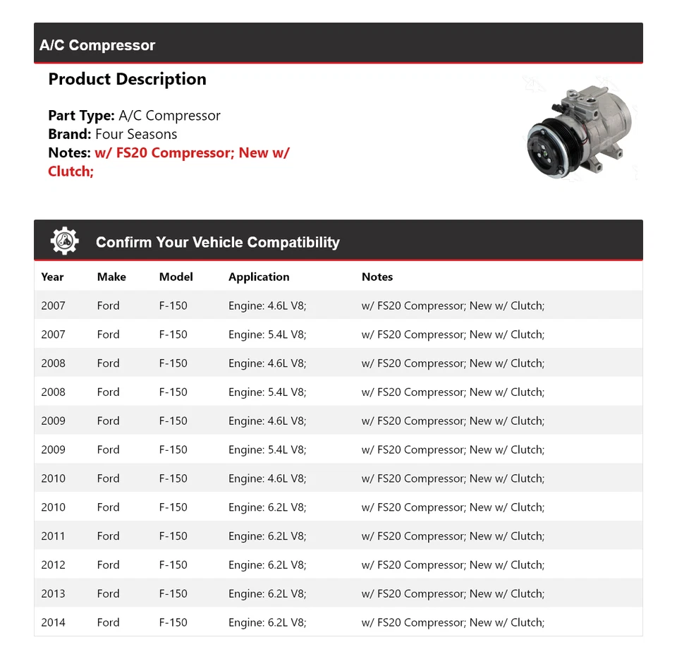 For 2007-2014 Ford F-150 A/C Compressor 4 Seasons 2008 2009 2010 2011 2012 2013 - Image 2 of 4