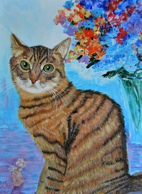 Tabby Cat and Wildflower Painting Original Art 12x16  Cute Kitty Canvas Wall Art