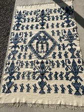 Vtg Blue & White / Cream Mexican Wool Blanket Figures Birds Folk Art 85” x 54”