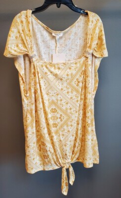 COMO BLU Women's Yellow Print Sleeveless Top 2x Front  Bottom Tie 