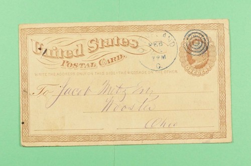 DR WHO 1874 POSTAL CARD CLEVELAND OH BLUE FANCY CANCEL TO WOOSTER OH m30266