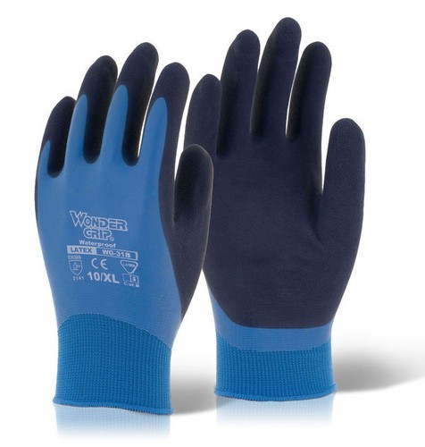 Gants de travail imperméables Wonder Grip Aqua WG-318 en latex entièrement enduit nylon bleu - Photo 4 sur 4