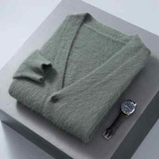 Autumn Winter Cardigan Men's V-Neck Top 100 Mink Cashmere Sweater shirt Jacket