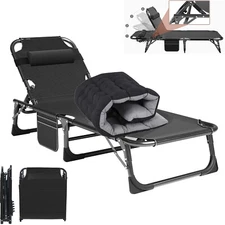 H&ZT 4 Gears Chaise Folding Bed Portable Cot For Office Sleeping Mattress Pillow