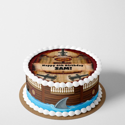 3D PERSONALISED EDIBLE Icing Cake Topper Round PIRATE GALION SHIP