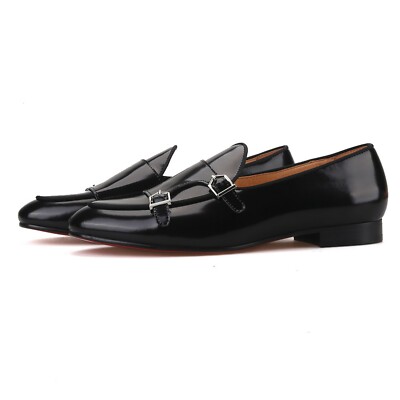 Merlutti Black Leather Double-Monk Belgian Loafer