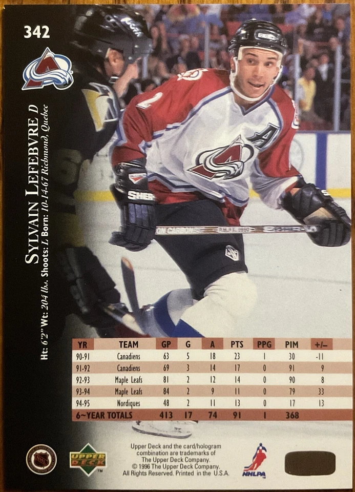 1995-96 Upper Deck Electric Ice Gold RARE Sylvain Lefebvre #342 - Image 2 of 3