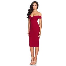 NWT Nookie Dolly Midi Bodycon Dress Women's Sze XL Ruby Off-The-Shoulder Pleated