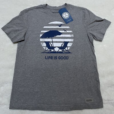 Life is Good Men's Gray Small Retro Beach Umbrella Short Sleeve Crusher Tee New
