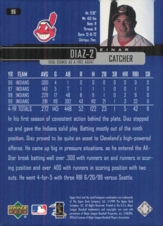 2000 Upper Deck #96 Einar Diaz Cleveland Indians Baseball Card - Image 2 of 2