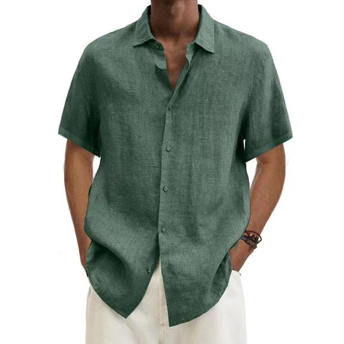 Camisa de vestir suelta con botones de manga corta de algodón y lino para hombre - Imagen 18 de 33