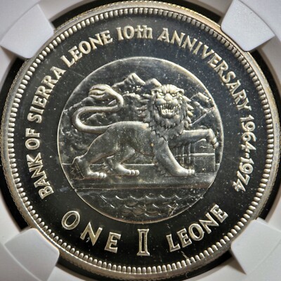 SIERRA LEONE. 1974, 1 Leone, Silver - NGC PF67 - Bank Anniversary