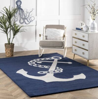 Nautisch Anchor Navy Blau Handgetuftet 100% Wolle Weich Bereich Teppich