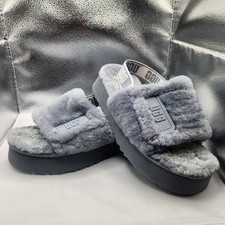 UGG Disco Slide Gray Sheepskin Fluff Platform Sandals Slippers Women SIZE 11