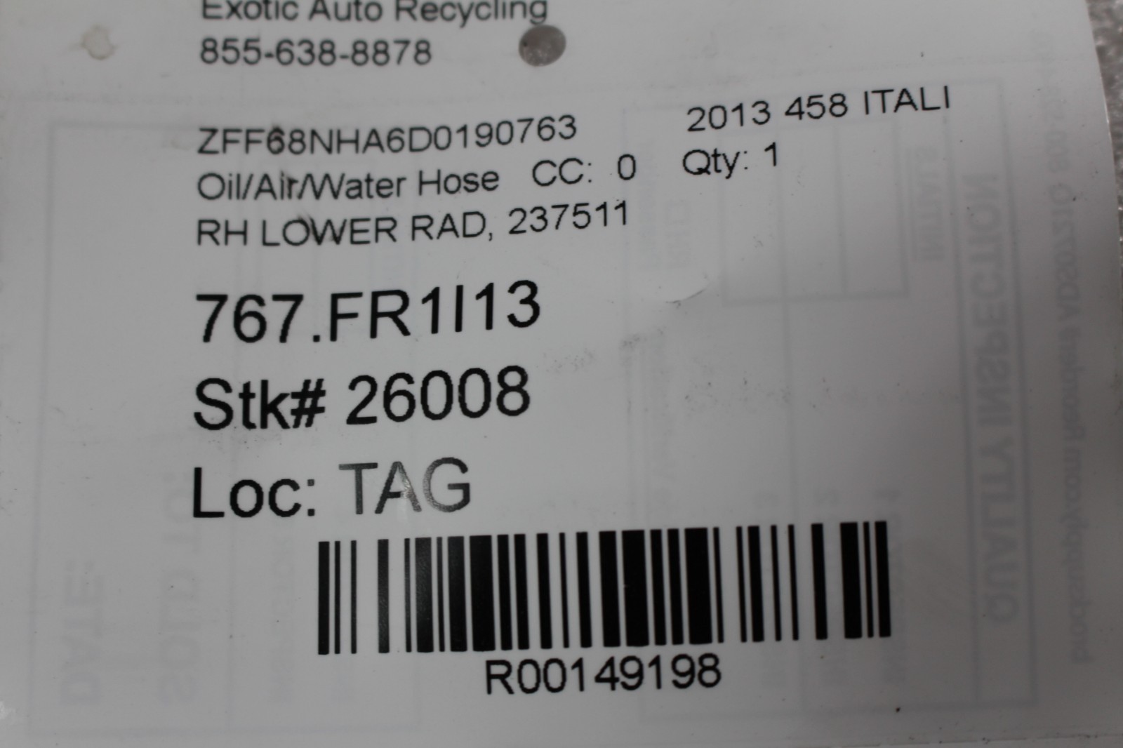 Ferrari 458 Italia Right Lower Coolant hose P/N 237511