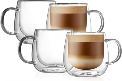 CNGLASS 16Oz Double Walled Glass Coffee Mugs(4-Pack),Large Clear Coffee Cups wit