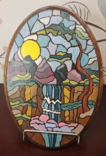 Faux Stained Glass Landscape Painting Decorative Footed Oval Wood Trivet