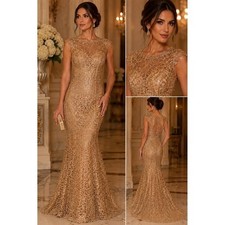 Montage Mon Cheri Gold Sequin Lace Mermaid Gown Formal Dress Mother of Bride Sz8