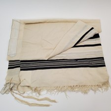 Vintage Jewish Tallit Prayer Shawl Non Synthetic Black Silver Stripes Atarah