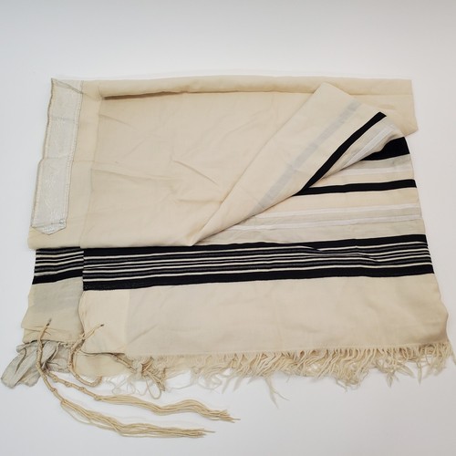 Vintage Jewish Tallit Prayer Shawl Non Synthetic Black Silver Stripes Atarah